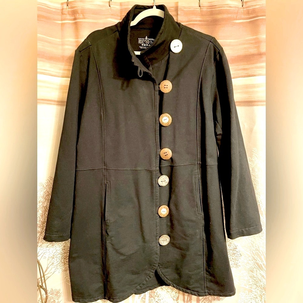 Neon Buddha Black Cotton Knit Nice Lines Artsy Buttons Seasonal Change Coat 2X